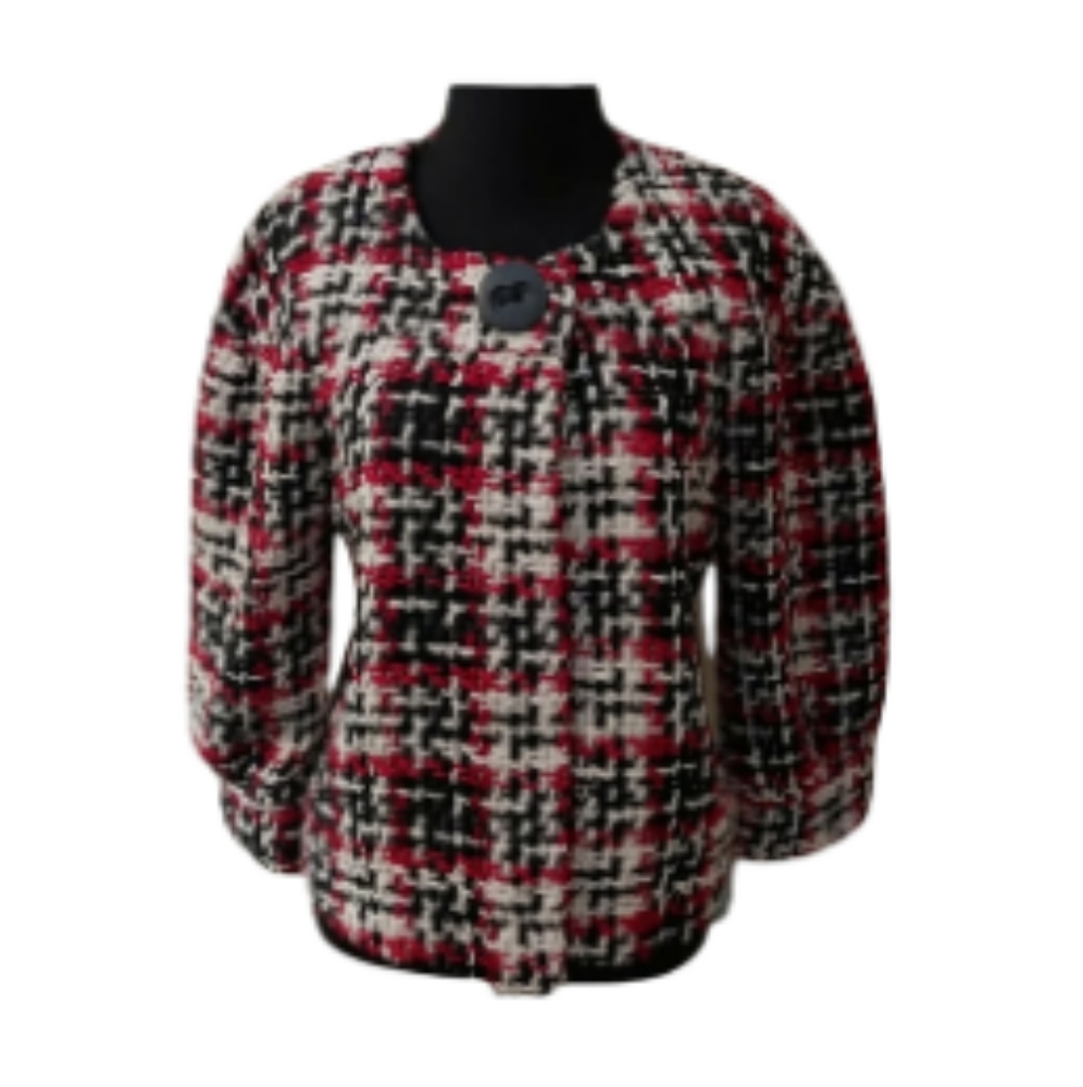WD NY Women's Red Black White Houndstooth Tweed Blazer Suit Jacket Size 8